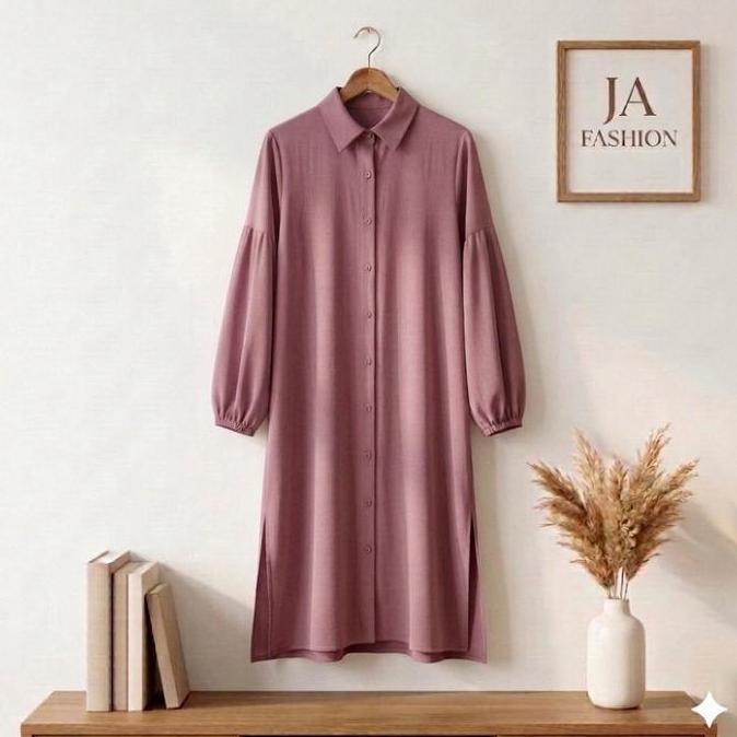 TERPOPULER Dianara Tunik Kemeja Panjang Wanita Motif Polos Lengan Balon Shakila Twill TERPOPULER