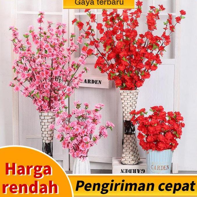 10 Strip cabang bunga sakura simulasi Premium dengan daun hijau, dekorasi cabang bunga sakura palsu 