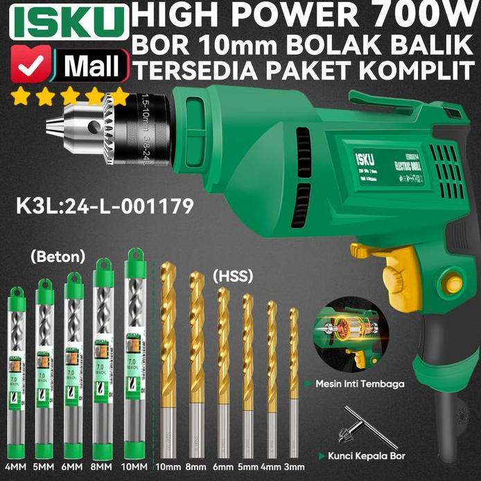 ISKU Mesin Bor Listrik Tangan 10mm 700W Bor Kayu Besi Baja Ringan Plafon PVC Tembok Bata Electric Ha