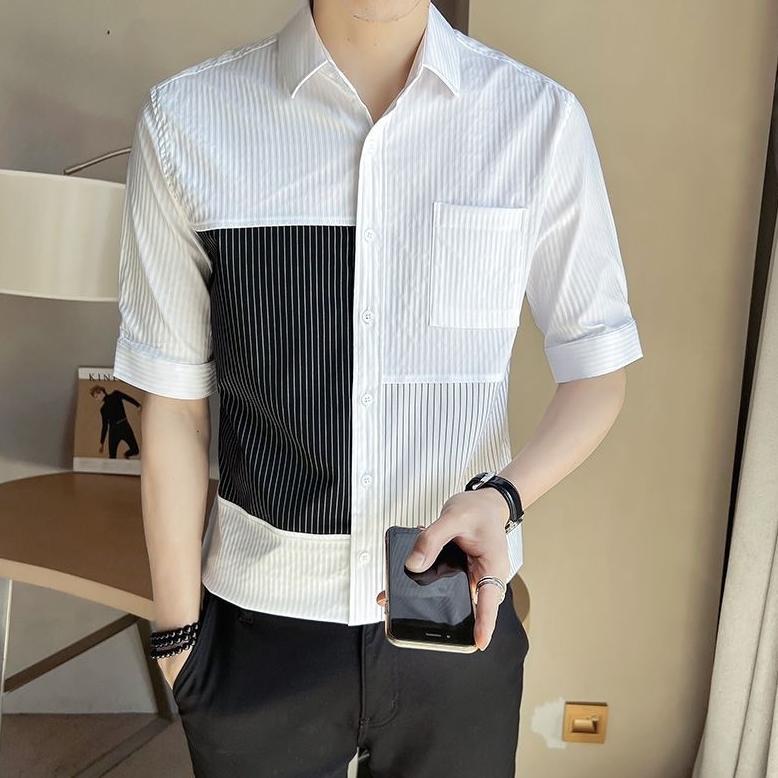 TERMURAH Kemeja Pria Korean Style Garis Kontras Kemeja Kasual Lengan Pendek Fashion Pria Kekinian Sl
