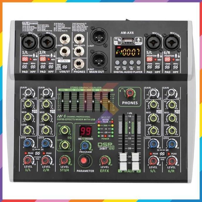 KOLANAME Mixer Audio Professional DSP 99 Effects Bluetooth USB 6 Channel
