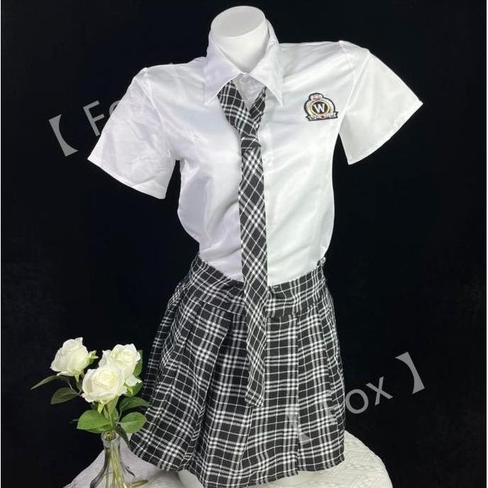 NEW LINGERIE WANITA SET ROK SERAGAM SEKOLAH PAKAIAN WANITA 4A232 TIDUR PUTIH SPANDEX NYLON UKURAN L 