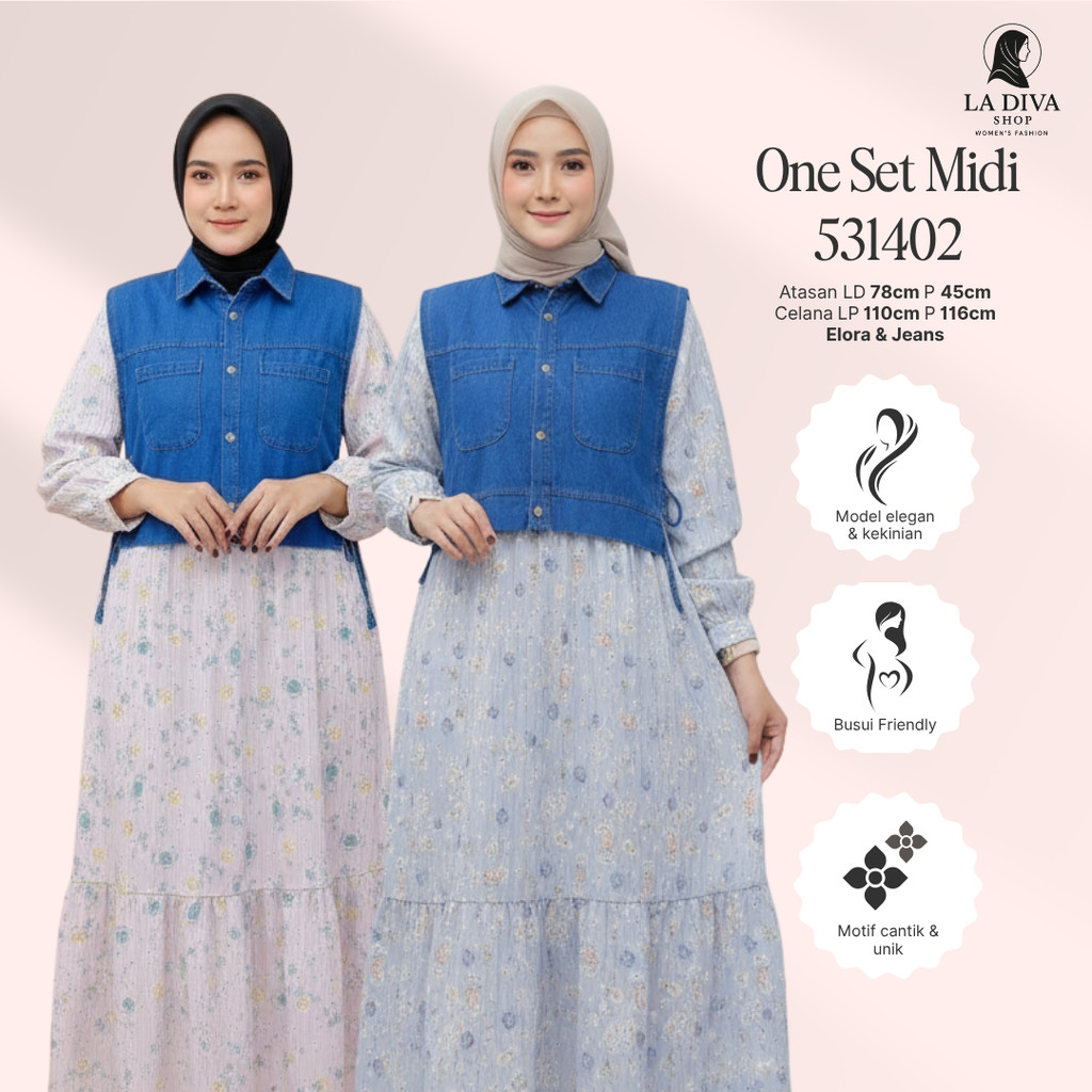 La Diva - Nasyila Midi Dress Elegan Busui Set Rompi Pisah Dress Elora + Rompi Jeans Fit to XL - EXTU