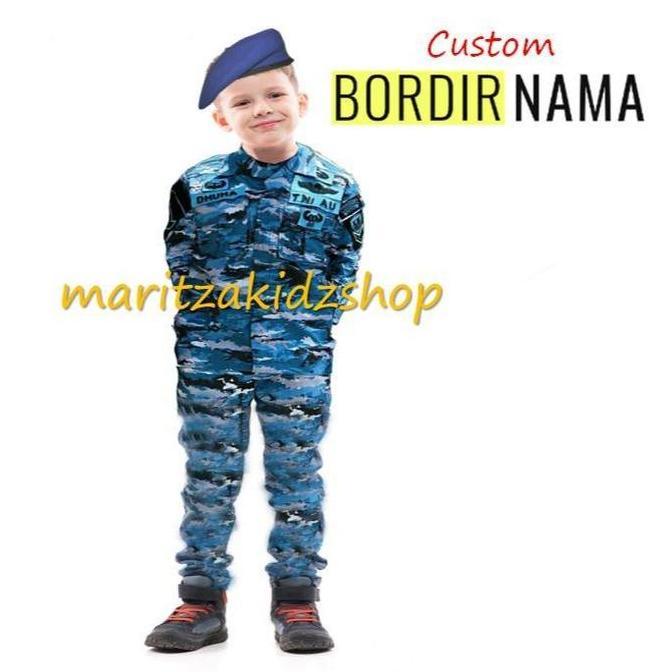 Maritzakidzshop Kostum Profesi TNI Tentara AURI AU Loreng Biru Anak Baju Celana Talikur Peluit Baret