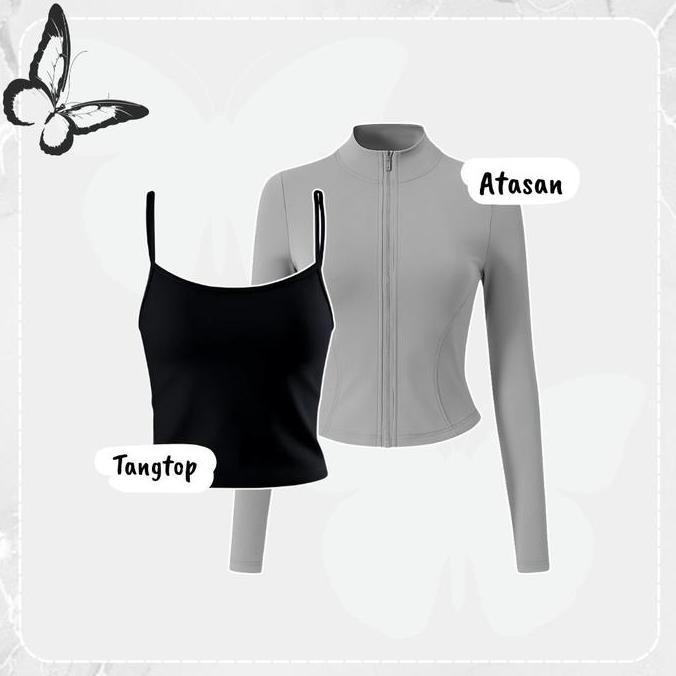 One Set 3In1 Tangtop + Atasan Jaket Sport+ Celana Cargo | Baselayer Midlayer Olahraga Mendaki Hiking