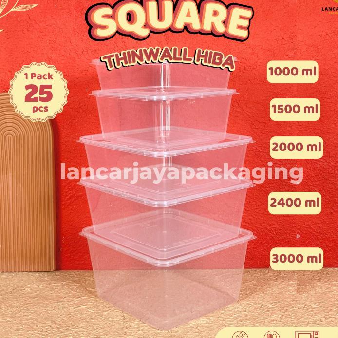 Hiba Thinwall Square Kotak Makan Plastik Persegi Wadah Nasi Berkat Kue 1000 1500 2000 2400 3000 Ml