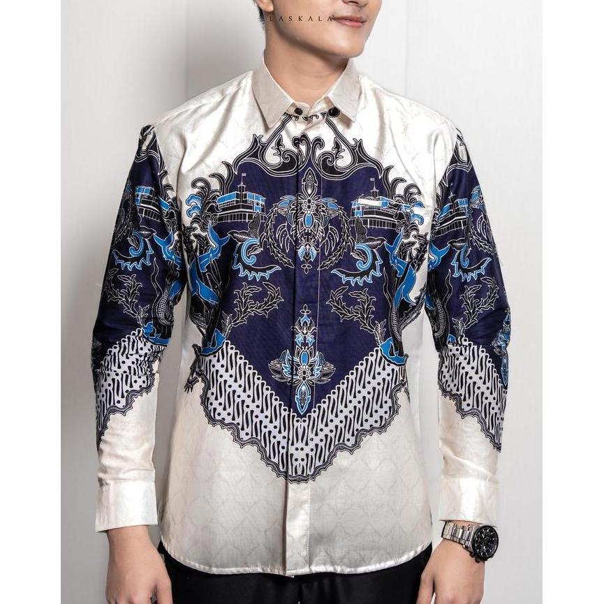 Laskala Batik Premium Surabaya Cream Kemeja Batik Pria Slimfit Lengan Panjang murah