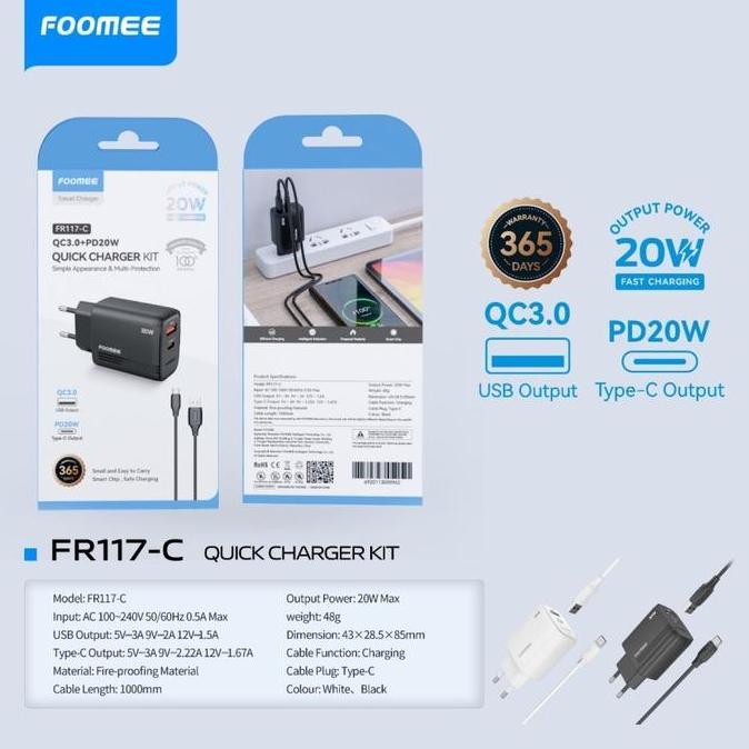 Travel Charger Type C 20W Foomee FR117-C Charger Set Type C QC 3.0A