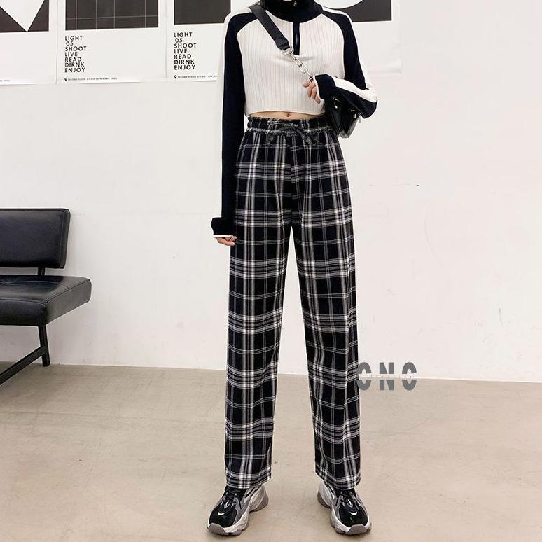 original korean long pants tartan | celana kulot wanita kotak-kotak