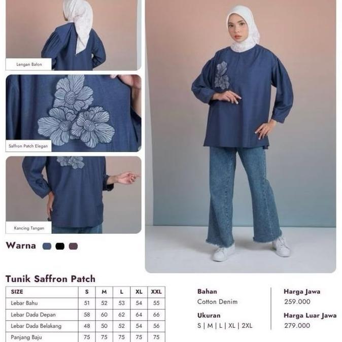 Elzatta Tunik Saffron Patch Elzatta Baju Atasan Wanita Katun Denim Dengan Desain Elegan Dan Kancing 