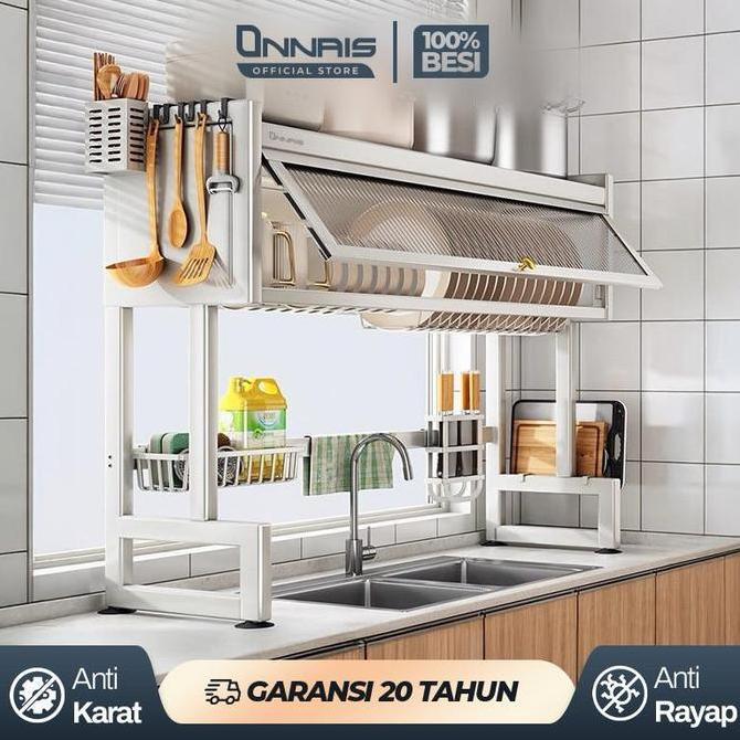 ONNAIS Rak Wastafel Cuci Piring Stainless Steel Tertutup Rak Piring Wastafel Cucian Piring