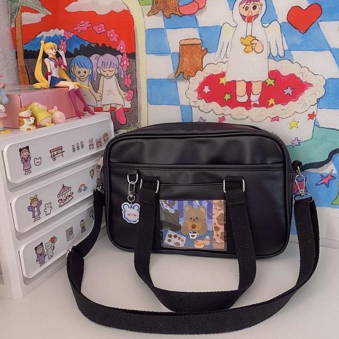 TB-04 tas sekolah jepang selempang wanita import seifuku bag pu leather putih hitam