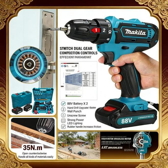 Promo Makita 88Vf Mesin Bor 2Baterai Cas 10Mm Bor Listrik Murah Bor Tangan Baterai Besi Tembok Beton