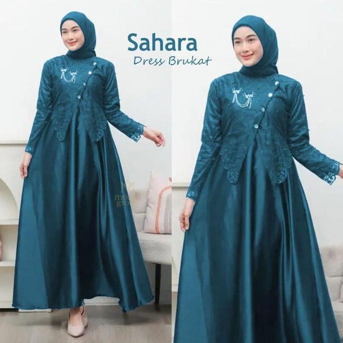 Dress Sahara Brukat Mewah Gamis Simpel Elegan Gamis Lebaran 2026 Dress Kondangan Baju Pesta Wanita