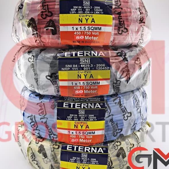 Eterna Kabel Nya 1.5Mm 50M Hitam Merah Biru Kuning Hijau (Kawat Tembaga Tunggal 1.5 Mm 50 M) Grosir
