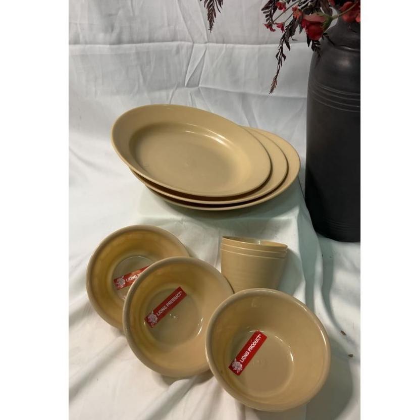 ORIGINAL ( 9 PCS ) SET PIRING MANGKOK GELAS PLASTIK / PIRING SET MANGKOK GELAS CREAM KEKINIAN