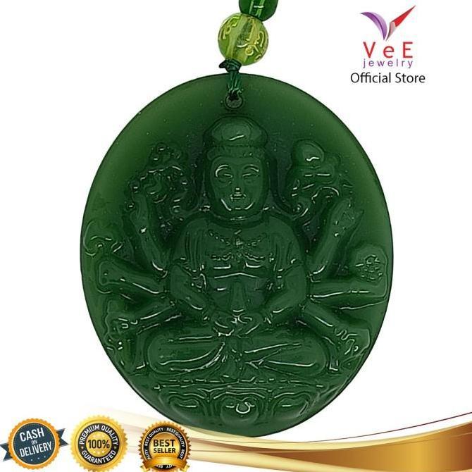 Kalung Liontin Batu Giok Asli Cina Dewi Durga Tangan Seribu Bulat
