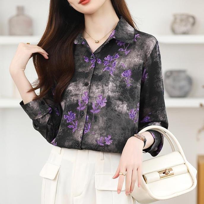 Kemeja Wanita Lengan Panjang Sifon Longgar Gaya Korea Fashion Blus Kerja Kasual Bunga Ungu Hitam kor