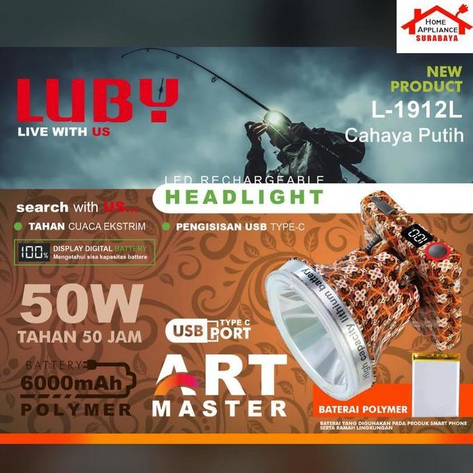 LUBY Senter kepala Cas LED 50W - 50 Watt 6000mAh Lithium POLYMER - ART MASTER L-1912L Cahaya Putih /