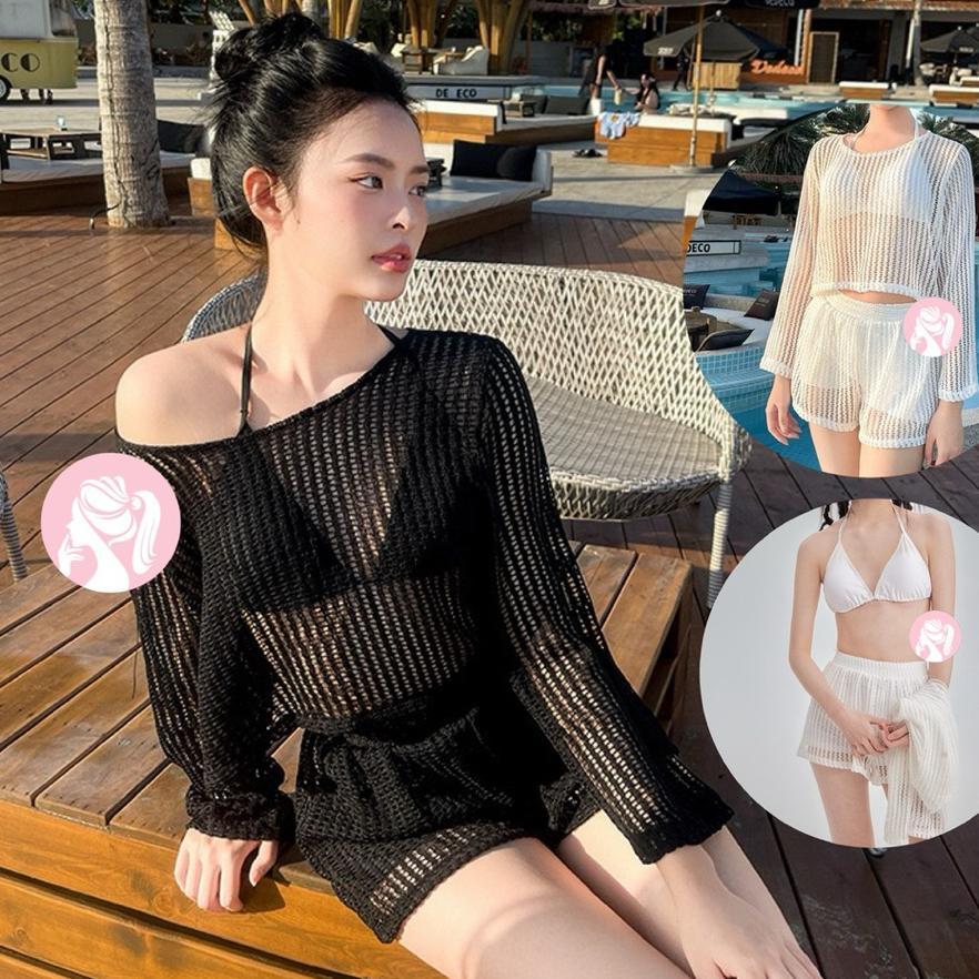 Lady Swimsuit Three Piece Set Bikini Swimwear + Outer Baju Pantai Motif Jaring Sexy Look Beachwear 8