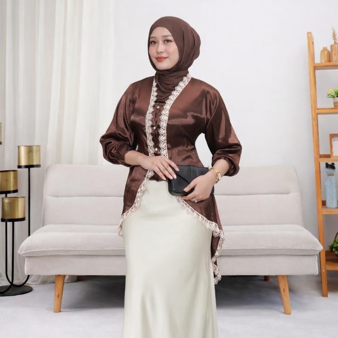 Termurah / Hot Sale Pola Wear Tunik Top Armani Slik Atasan Kombinasi Renda Elegant Kancing Mutiara H