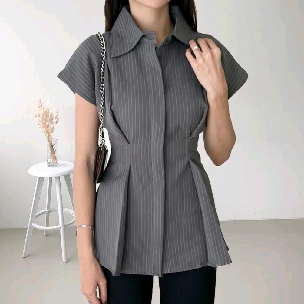 Termurah / Hot Sale Alba Top - Kemeja Wanita Salur Slim Fit Lengan Pendek | Atasan Kemeja Cewek Keki