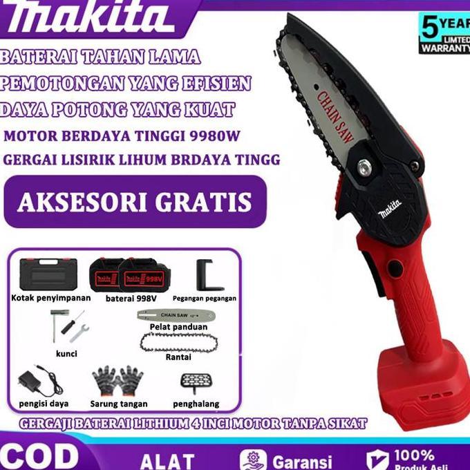 BLAZONE MAKITA Mesin Chainsaw 4 Inch Cordless Chainsaw 998V Gergaji Baterai Gergaji Rantai Elektrik 