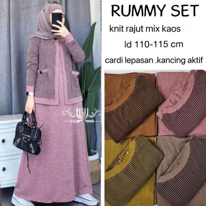 sipeno_store - rasya set wanita / gamis set / baju muslim kancing dress  cardigan kotak lembut nyama