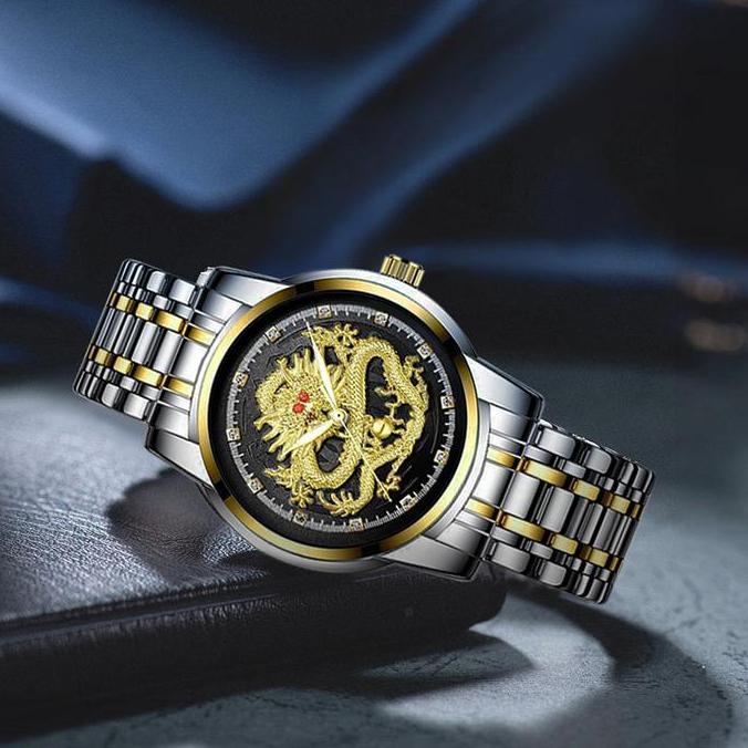 Cloknlok- Sunlifex Jam Tangan Pria Naga Emas Stainless Steel Dragon Gold Quartz