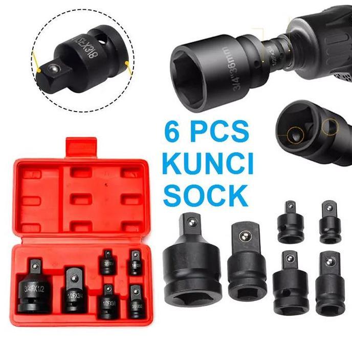 KUNCI SOCK RACHET 6 PCS CONVERTER ADAPTOR MATA SOK STANG L IMPACT SET 1/4 3/8 1/2 3/4 SAMBUNGAN SOKE
