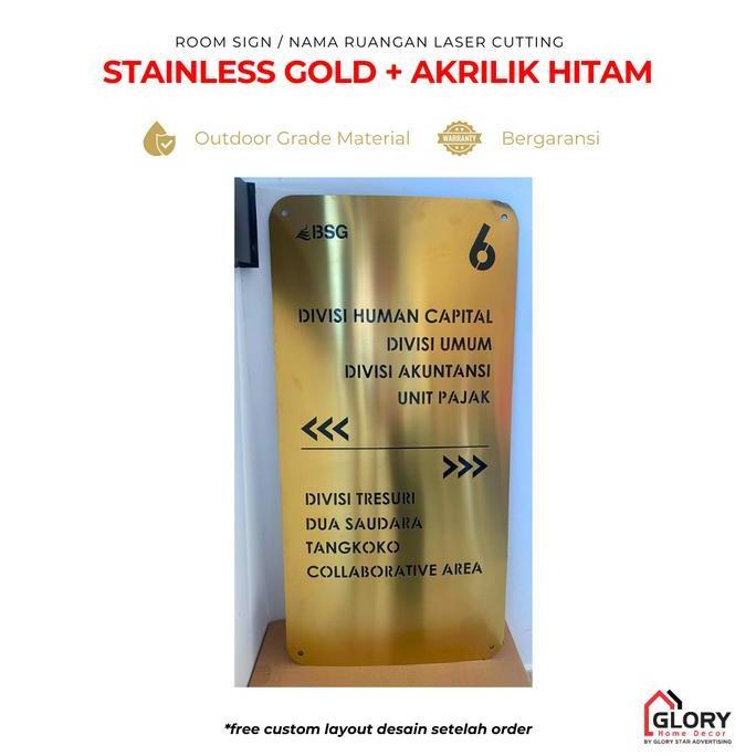 GHD Nama Ruangan / Room Sign Laser Cut Stainless Gold + Akrilik Custom