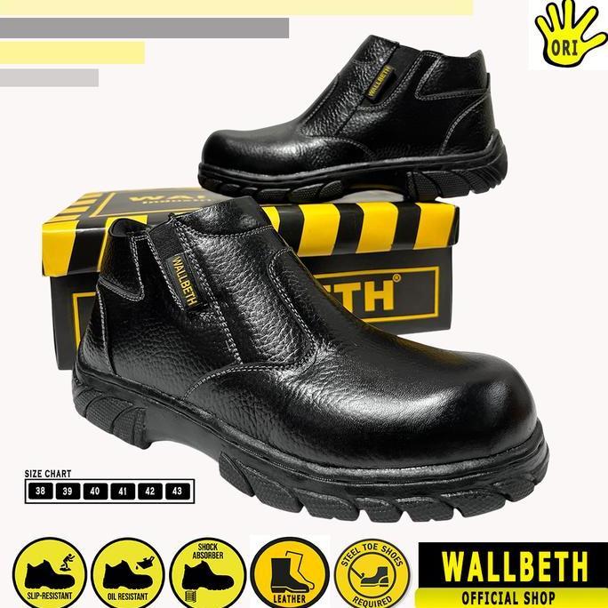 Wallbeth Sepatu Safety Boots Pria Kulit Sapi Hitam King Wallbeth W29 Ujung Besi Dijahit Keliling Kar