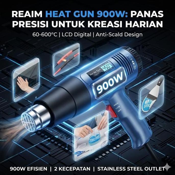 Reaim Heat Gun Hot Air Gun Mesin Heat Gun Pistol Panas Heat Gun Digital 900W 60C-600C Layar Digital 