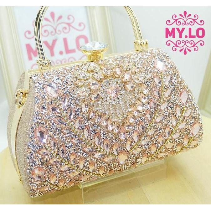 Tas Wanita Tas Pesta Clutch Bulat Swarovsky Gold Import Mylo Mc8A51