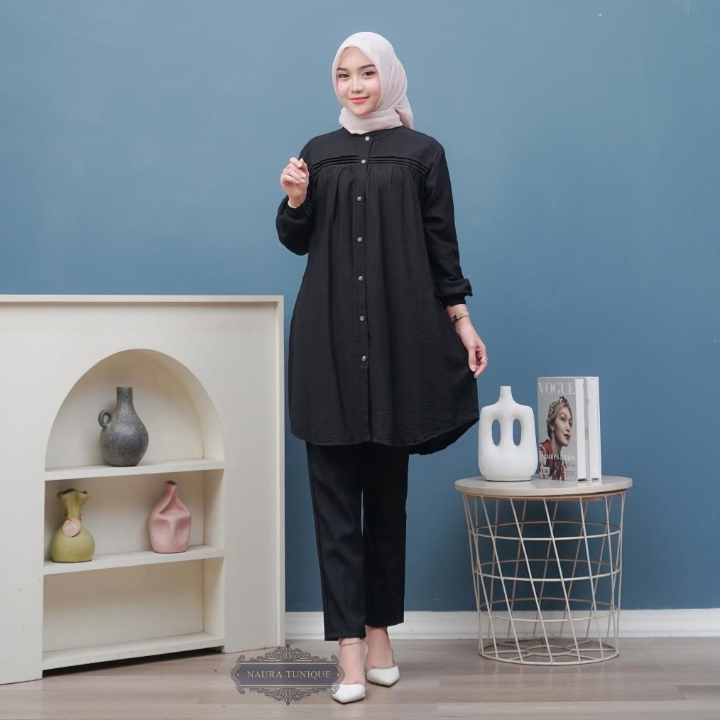 BESTPROMO ( JUMBO ) Kaisa Tunik Polo Linen Kemeja Long Tunik Atasan wanita LD 110-130 by NAURA TUNIQ