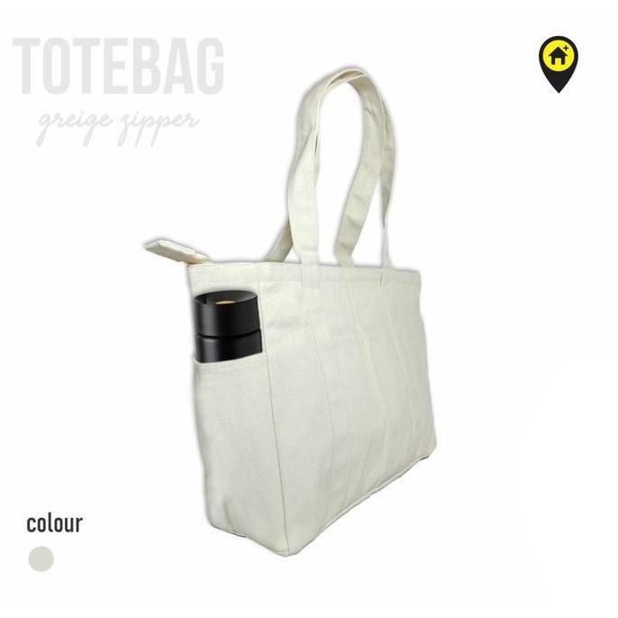 New tote bag polos kanvas, resleting besar, totebag kanvas Wanita  natural, tas kanvas zipper, custo