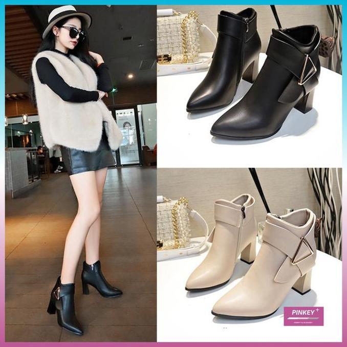 PINKEY P060 Sepatu Hak Tinggi Wanita Fashion Black Boots Shoes - 7cm Heels