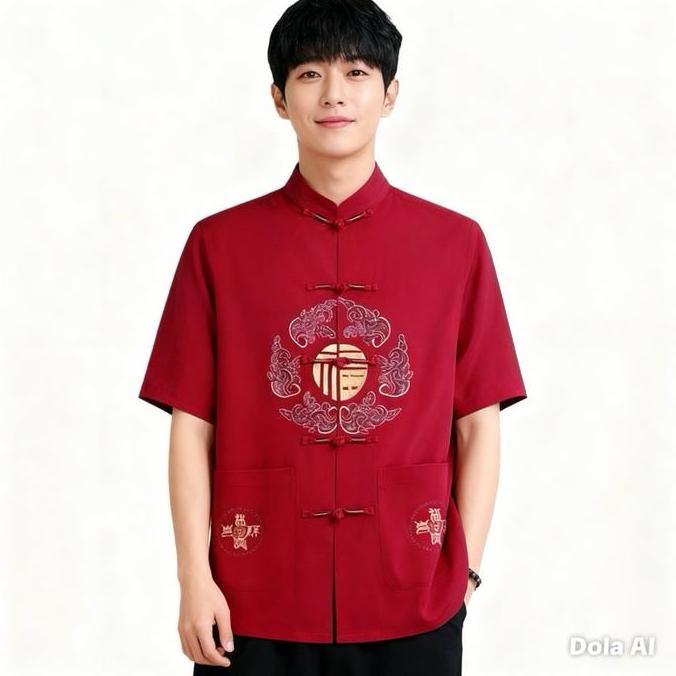 Chinese New Year Sale Baju Cheongsam Pria Baju Tradisional Kemeja Formal Baju Imlek Pria Bordir Koin