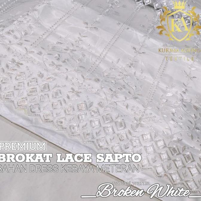 PROMO MURAH  KAIN BROKAT BORDIR + SATIN WARNA BROKEN WHITE PREMIUM BAHAN DRESS KEBAYA METERAN