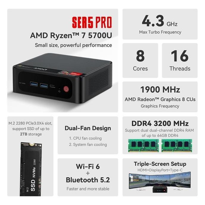 Beelink Mini PC SER5 PRO 5700U AMD Ryzen7 32GB/1TB NVMe Gaming Windows 11 Pro