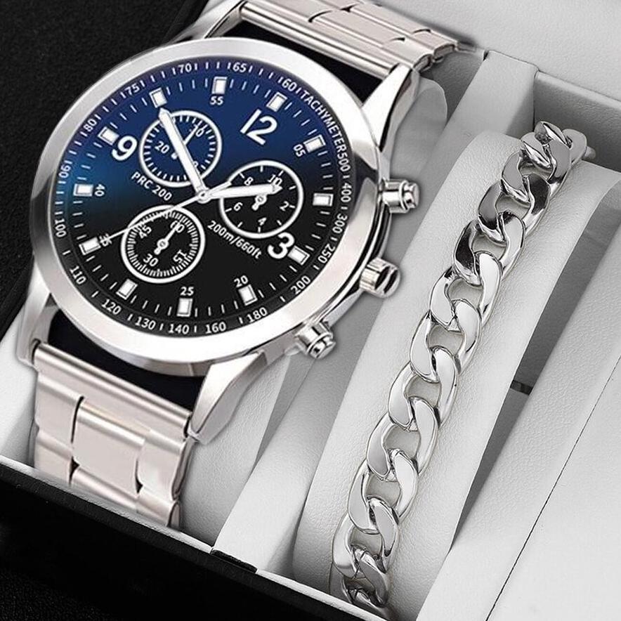 STOK TIPIS [Jam Tangan + Gelang] Jam Tangan Kuarsa Pria Jam Tangan Baja Mode Kasual Pria Hree-eye Ta