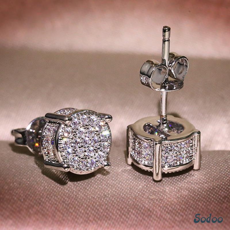 Anting Emas Tusuk Anting Berlian Bulat Empat Garpu Pria Untuk Aksesori Hip-Hop Punk Zirkon Wanita