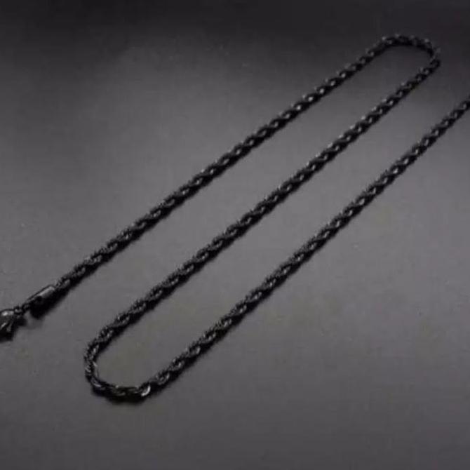 Kalung Titanium Asli Hitam Pria Anti Karat Anti Luntur Premium Kotak Gepeng Holo Tambang Plintiran