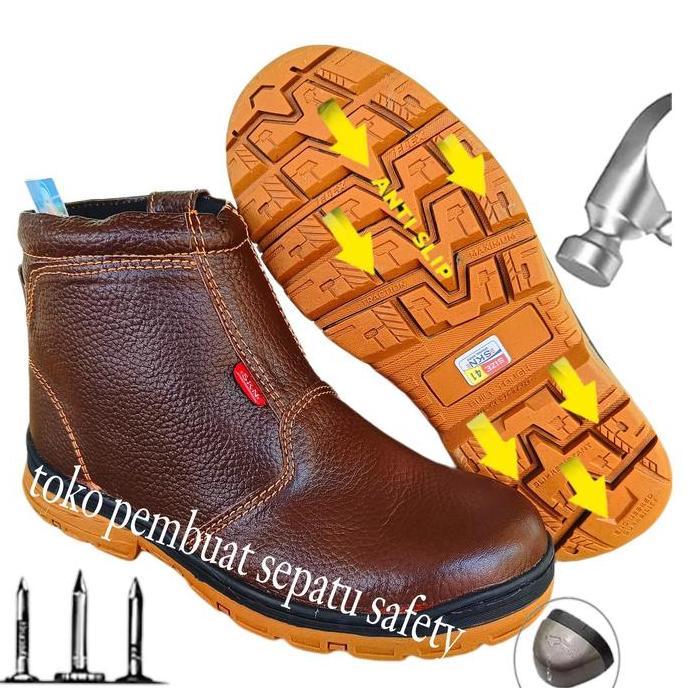 Sepatu safety risleting Kulit Sapi Asli Tahan Bakar Ujung Besi Keselamatan Kerja Pabrik Pom Bengkel 