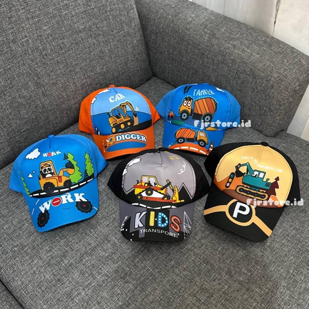 HIGH DEMAND Topi Baseball Anak Laki Laki Motif Eskavator Truk Car Mobil Kontruksi Kekinian Ala Korea