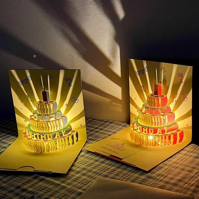 3D Kartu Ucapan Happy Birthday Card Pop Up Kartu Ucapan Pop Up Lampu Berwarna Musik Card Musik Kue U