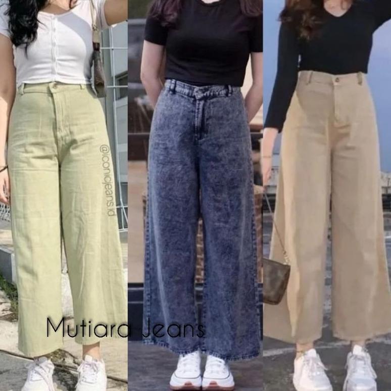 BESTPROMO Teruwuw Celana jeans wanita highwaist kulot wanita panjang jins Loose korea jeans Mutiara 