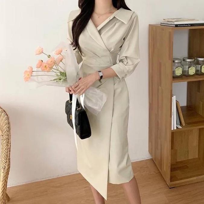 Cod,Aja- D1507 Choshi Vintage Midi Dress Simple Polos Casual Formal Kantor