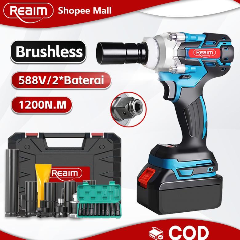 REAIM  Impact Wrench Brushless Bor Baterai Bor Listrik Impact Baterai Untuk Baut Mobil