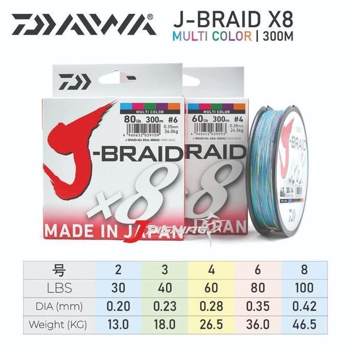 HARGA DISC - Senar PE DAIWA J-Braid X8 300M | 20 s/d 100 Lbs | Multi Color | Senar PE
